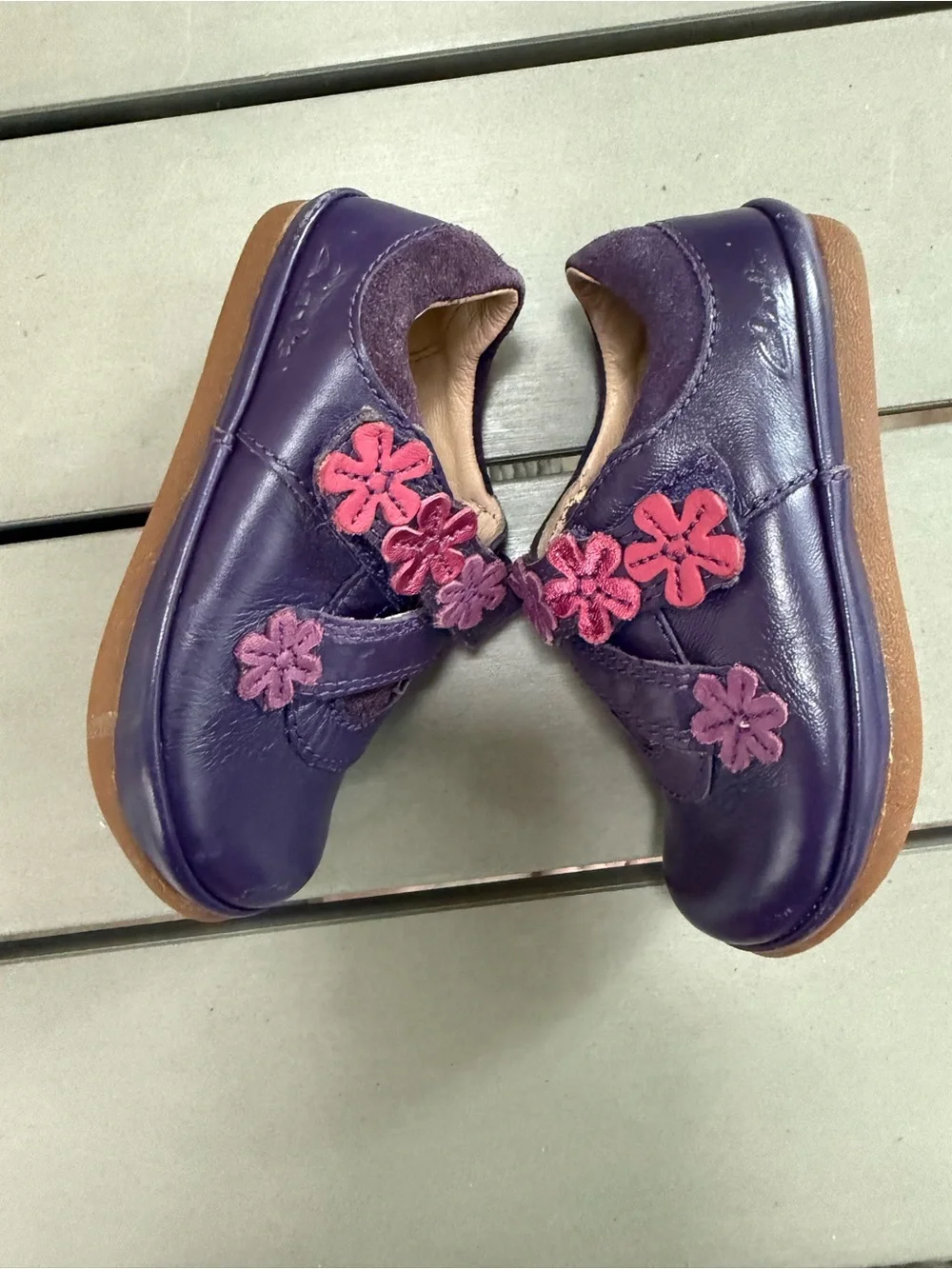 Clarks Kids Purple Leather Mary Jane Shoes with Pink Flower Accents, 4.5 month